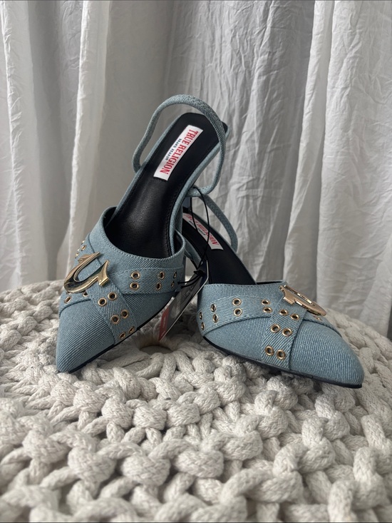 True Religion Shoes - True Religion Light Blue Denim Pointed Slingback Mules with Gold Hardware